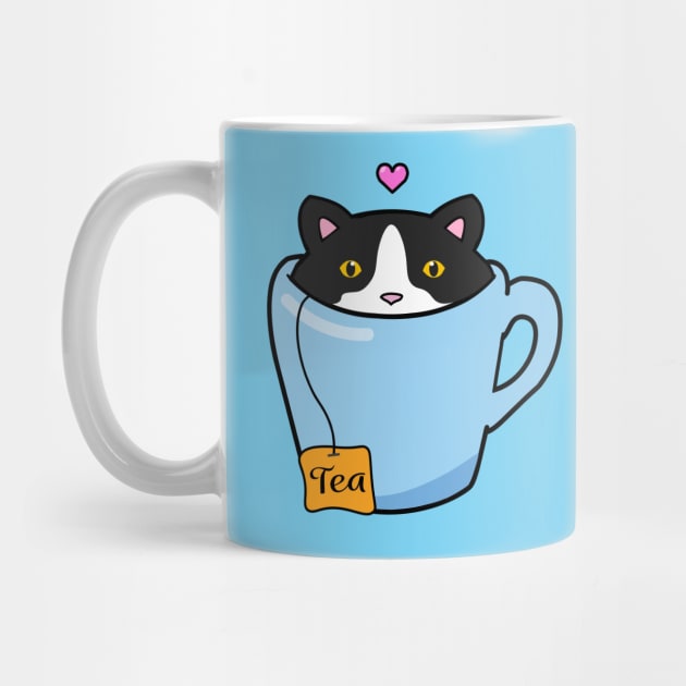 Sweet tuxedo cat sitting in a blue cup of tea by Purrfect